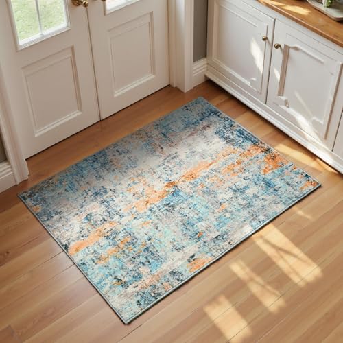 Entrance Rugs Indoor 2x3 Blue Entry Rug Washable Abstract Small Area Rug Non (Blue / 2' x 3' (Rectangular))