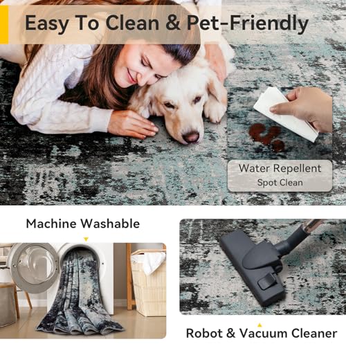 Washable Square 8'x8' Area Rug for Living Room Teal Black (Black/Teal Blue / 8' x 8' (Square))