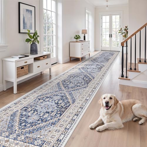 2'6 x 16' Runner Rug Non Slip (Blue/Beige / 2'6" x 16' (Runner))