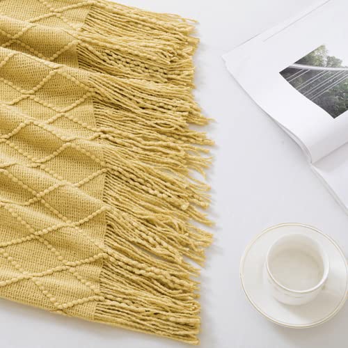 Mustard Throw Blanket 50x60 Inch Boho Knit Soft Throw Sofa Blanket (Mustard / 50"x60")