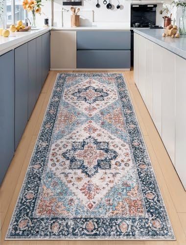 2x6 Washable Non Slip Boho Runner Rug for Hallway (Blue/Orange / 2' x 6' (Runner))