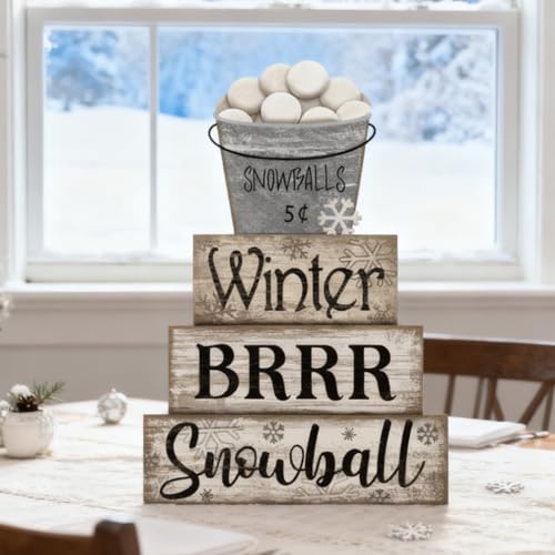 4 Pcs Winter Wooden Block Signs Farmhouse Table Decoration (Snow Bucket)