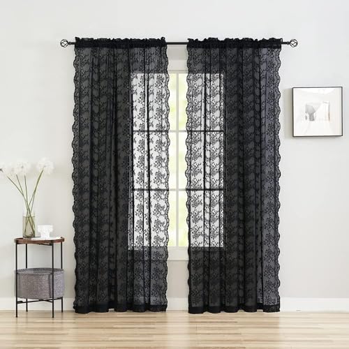 Vintage Lace Curtains 80 inch Length 2 Panles for Doorway Victorian Gothic Floral Dark Academia Black Sheer Curtain Panels for Living Room Bedroom Light Filtering 52 by 80 inch Length (Black / 52"W x 80"L (Pack of 2))