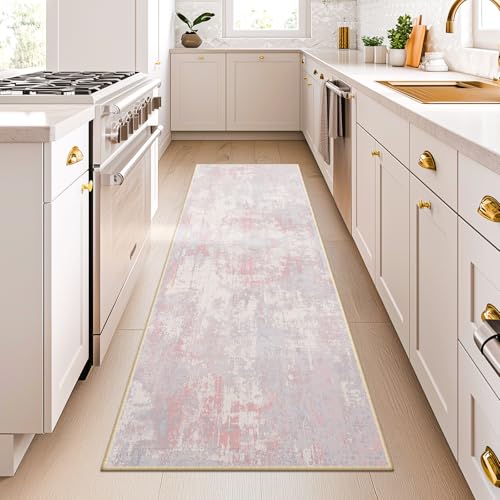 Washable Runner 2'x6' Abstract Area Rug for Hallway Gray Pink (Gray/Pink / 2' x 6' (Runner))