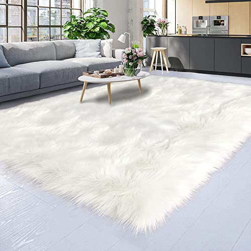 White Faux Fur Sheepskin Rug 4x6 for Living Room (4' x 6' (Rectangular) / White)