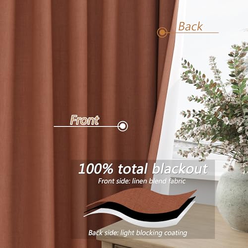 Terracotta 100% Blackout Curtains 90 Inch Length 2 Panels Set Fall Curtains for Living Room Bedroom Back Tab Thermal Insulated Black Out Linen Drapes (Terracotta / 52"W x 90"L (Pack of 2))