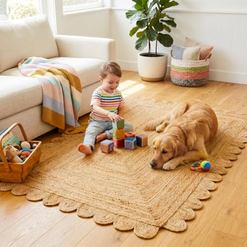 Scalloped Jute Area Rug 9X12 ft Natural Handwoven Farmhouse Rug (Natural / 9' x 12' (Rectangular))