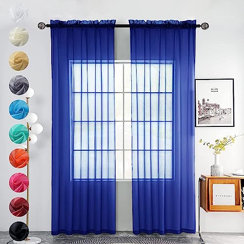 Solid Sheer Rod Pocket Curtain Voile Draperies 2 Panels White Beige Black Grey Coffee 52 Inch Width 54 Inch Long 1 Pair for Kitchen Bedroom Children Living Room Yard (Blue Sapphire / 52"W x 54"L (Pack of 2))