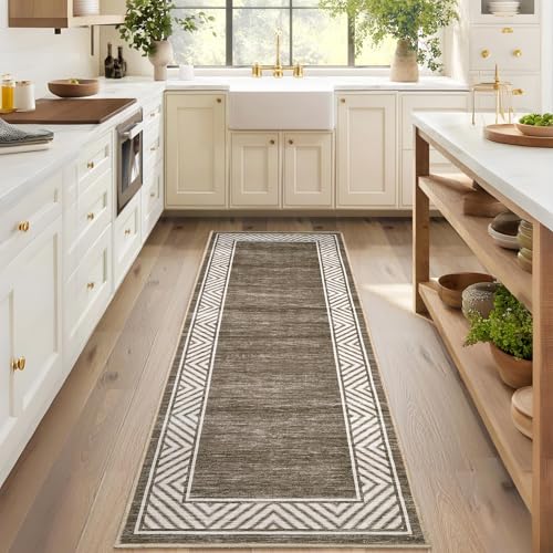 Washable Hallway Rug 2x6 Narrow Modern Bordered Floor Runner (Brown/Coffee / 2' x 6' (Rectangular))