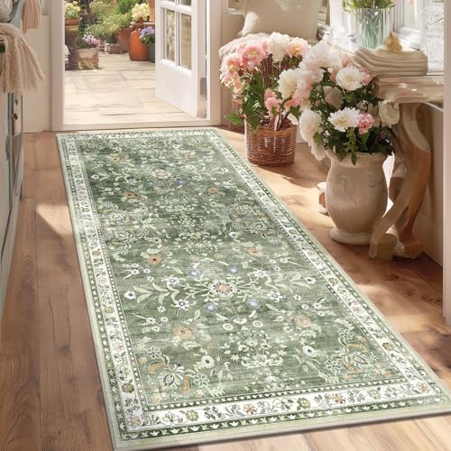 3x6 Washable Hallway Runner Rug Non Slip Floral Carpet (Green / 3' x 6')