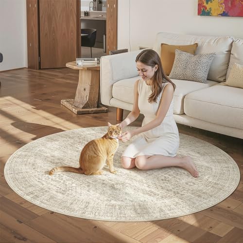 5x5 Beige Round Rug 6ft Circle Living Room Area Rugs Non (Beige / 5' (Round))