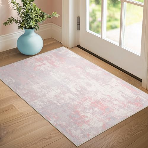 Washable 3'x5' Abstract Area Rug for Living Room Gray Pink (Gray/Pink / 3' x 5' (Rectangular))