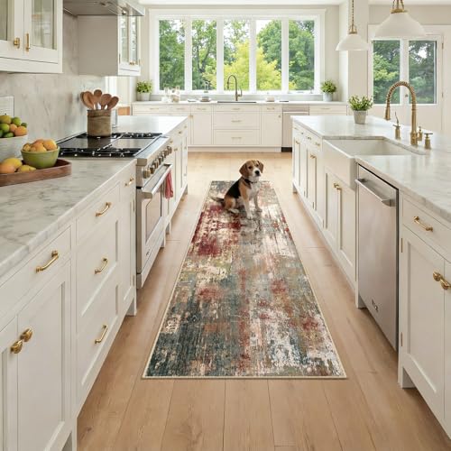 Washable Runner 2'x7' Abstract Area Rug for Hallway Rustic Brown (Rust Red/Green/Blue/Multi / 2' x 7' (Runner))