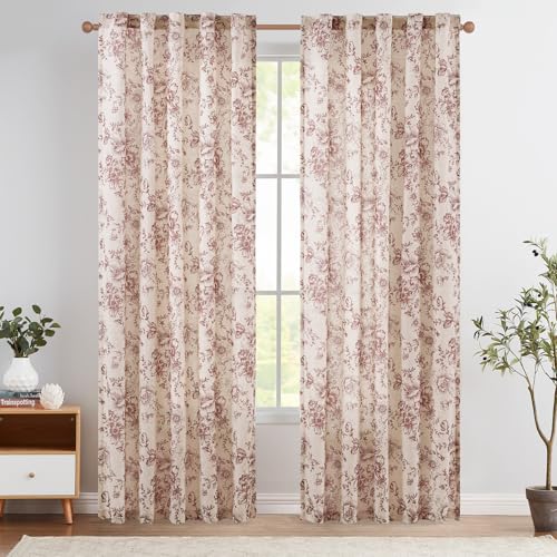 Vintage Floral Linen Curtains 84 Long for Living Room 2 Panels (Brick Red / 42"W x 84"L (Pack of 2))