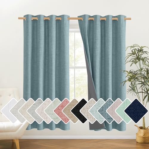 100% Absolutely Blackout Linen Curtains with Thermal Insulated White Liner (52"W x 72"L (Pack of 2) / Skylark Blue)