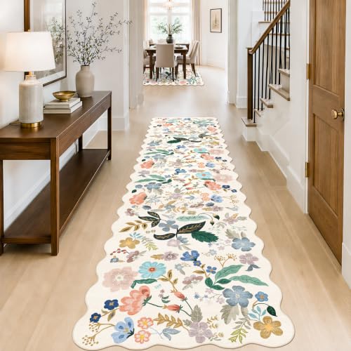 HY HAOYUNLAI Washable 2'6x10 Hallway Runner Rug Low Pile Scalloped Carpet (2'6" x 10' (Rectangular) / Cream/Floral)