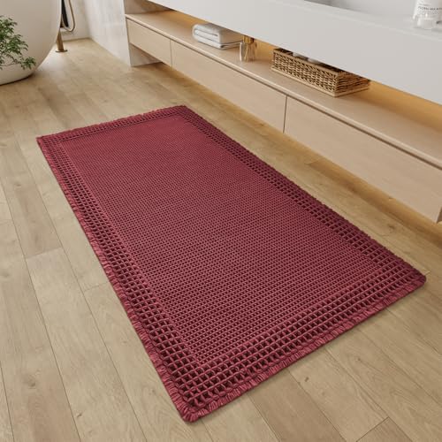 Waffle Bathroom Runner Rugs (Dark Red / 2' X 4')