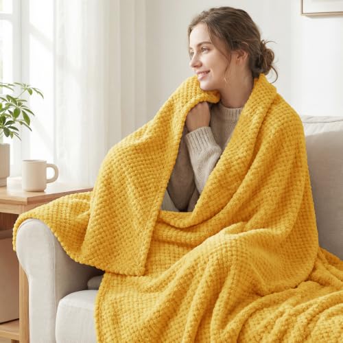 Large Waffle Fleece Throw Blanket for Couch (Mustard / 50x70 in)