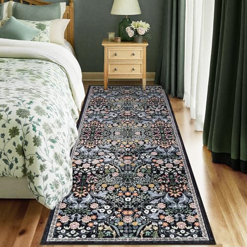 2.6x8 Washable Runner Rug：Floral Indoor Kitchen Carpet Dark Black (Dark Black / 2'6" x 8' (Runner))