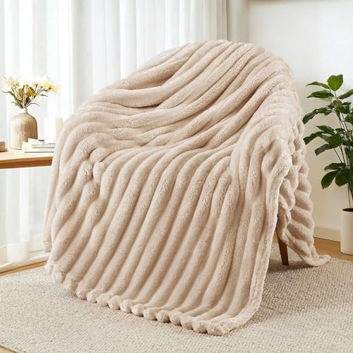 Striped Fleece Throw Blanket for Couch (Beige / Throw ( 50x60 IN ))
