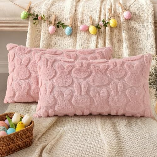 Pink Faux Fur Bunny Throw Pillow Covers 12x20 Set of 2 (20" x 12" (Pack of 2) / Rabbits Pink)