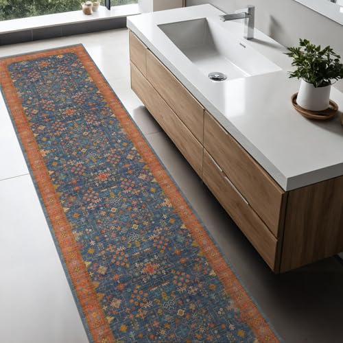 Navy Blue Washable Hallway Runner Rug 2x10 Non Slip Rugs for Kitchen (2' x 10' (Runner) / Blue / Terracotta)