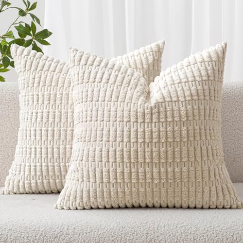 Corduroy Decorative Throw Pillow Covers 16x16 Cream White Pack of 2 (Cream White / 16" x 16" (Pack of 2))