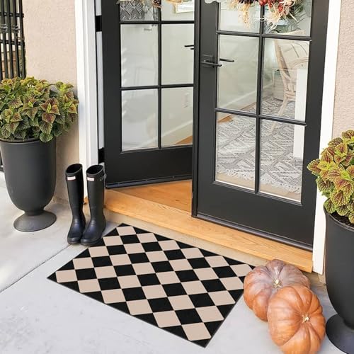 Indoor Outdoor Front Door Mat (Diamond - Black / Tan / 2' x 3' (Rectangular))