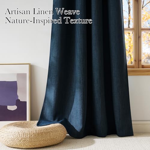 Faux Linen Navy Blue Blackout Curtains 84 inches Long (Linen Navy Blue / 52"W x 84"L (Pack of 2))