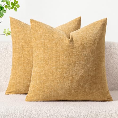 Soft Chenille Throw Pillow Covers Beige Yellow 16x16 Inch Pack of 2 (16" x 16" (Pack of 2) / Beige Yellow)