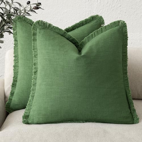 Decorative Linen Fringe Throw Pillow Covers 20×20 Forest Green (20" x 20" (Pack of 2) / Forest Green)