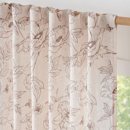 Floral Linen Curtains for Living Room 84 Inch Length Brown Flower Curtain Rod Pocket Back Tab Farmhouse Curtains with Printed Floral Bedroom Window Curtain Set (Penny Brown on Ecru / 50"W x 84"L (Pack of 2))