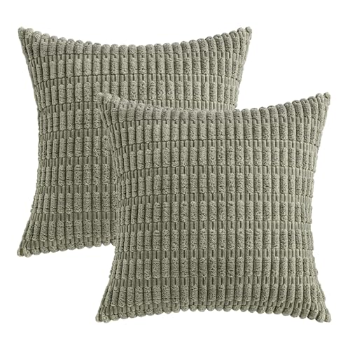 Corduroy Decorative Throw Pillow Covers 18x18 Light Olive Pack of 2 (Light Olive Green / 18" x 18" (Pack of 2))