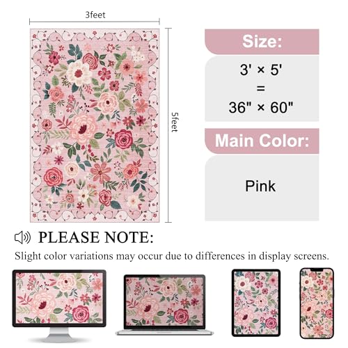 3x5 Area Rug Floral Washable Rug for Bedroom Non Slip (Pink / 3' x 5' (Rectangular))