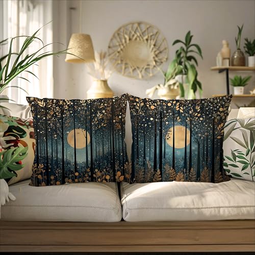 Vintage William Morris Inspired Gold Moon Pillow Covers 18x18 Set of 2 (Forest-black and Gold -24 / 18" x 18" (Pack of 1))