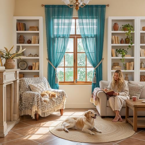 Boho Lace Curtains 96 Inches 2 Panel (59"W x 96"L (Pack of 2) / Teal)