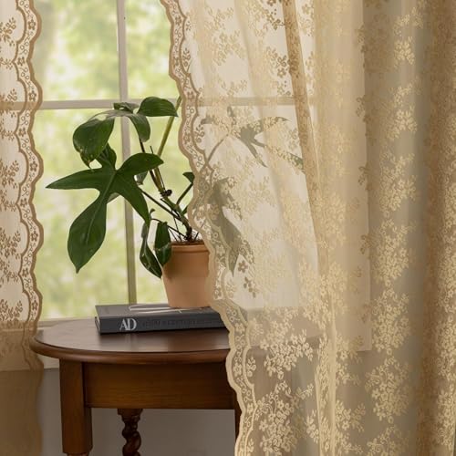 Vintage Lace Curtains 2 Panels Farmhouse Short Tan Sheer Curtains for Kitchen Bathroom Rustic Scalloped Half Drapes 45 inch Length Light Filtering W52 X L45 (Taupe / 52"W x 45"L (Pack of 2))