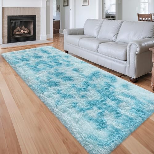 Tie Dyed Sky Blue 3x10 Machine Washable Runner Rugs for Hallway Soft Fluffy Shaggy Bedside Rugs for Bedroom Living Room Indoor Floor Carpet for Kids Girls and Boys Nursery Rooms Home Decor Aesthetic (Tie-dyed Sky Blue / 3' x 10' (Runner))