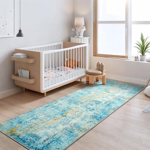 2x6 Teal Blue Rug Runners for Hallways Kitchen Runner Rug Non Slip Washable Long Runner Rugs with Rubber Backing Soft Abstract Carpet Runner for Bedroom (Teal Blue / 2' x 6' (Runner))