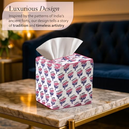 CPC Pink Sapphire Block Print Square Tissue Box Cover 100% Cotton (Pink Sapphire)