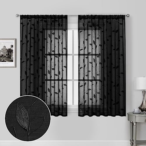 Black Sheer Curtains Leaf Embroidered (52"W x 63"L (Pack of 2) / Black)