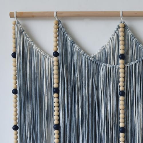 Macrame Wall Hanging Blue Dip Dye Bead Boho Home Decor 57"x43" (Blue)