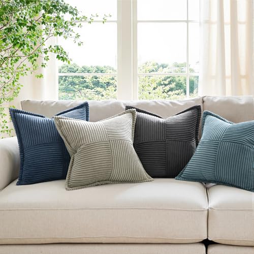 Blue Corduroy Decorative Euro Sham Pillow Covers 24x24 Inch with Splicing Set of 2 Soft Boho Pillow Covers Broadside Textured Summer Coastal Pillowcases for Couch Bed Livingroom (Blue / 24" x 24" (Pack of 2))