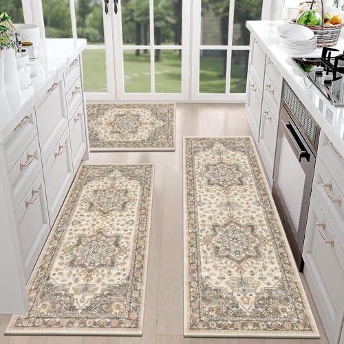 HEBE Boho Kitchen Rugs Set of 3 (Taupe / 20"x32"+20"x48"+20"x59")