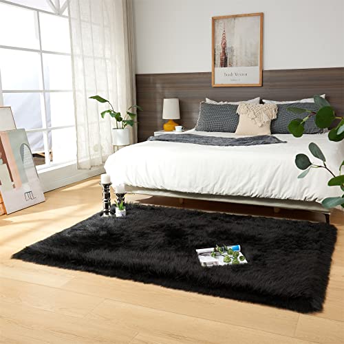 Ultra Soft Fluffy Shaggy Area Rug Faux Fur Rug Chair Cover Seat Pad Fuzzy Area Rug for Bedroom Floor Sofa Living Room (Black / 4' x 6' (Rectangular))