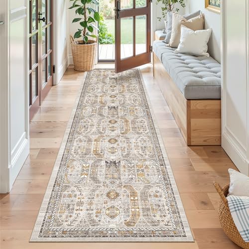 Hallway Runner Rug 2x8 Washable Kitchen Rugs Non (Brown/Gold / 2' x 8' (Runner))