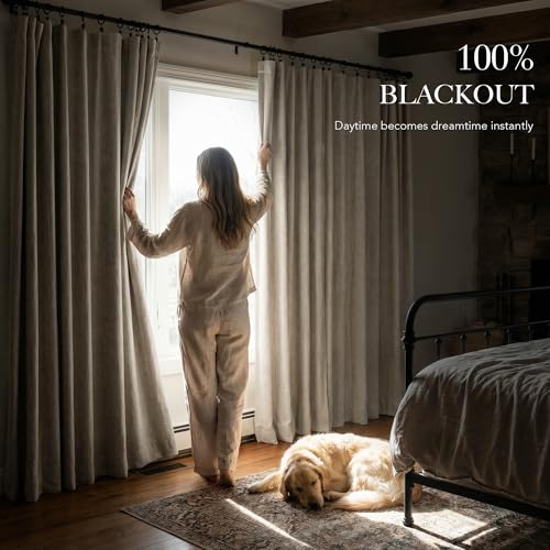 100% Blackout Linen Textured Curtains 96 Inch Long for Dining Room (Warm Sand / 52"W x 96"L (Pack of 2))