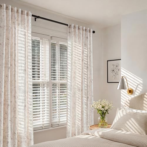Linen Floral Curtains for Living Room 84 Inch Length Taupe Flower Curtain Rod Pocket Back Tab Farmhouse Curtains with Printed Floral Bedroom Window Curtain Set (Penny Taupe on Ecru / 50"W x 84"L (Pack of 2))