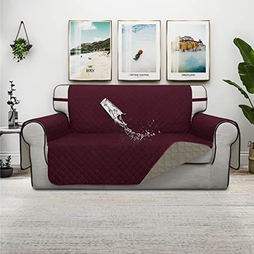 Double Protection 100% Waterproof Loveseat Sofa Covers for Living Room (Wine/Beige / Loveseat Medium)
