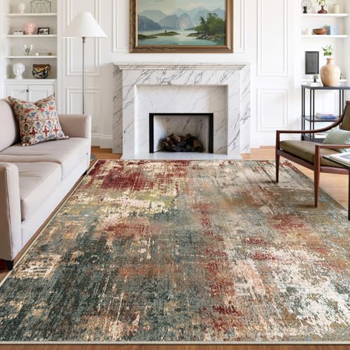 Washable 9'x12' Abstract Area Rug for Living Room Rustic Brown (Rust Red/Green/Blue/Multi / 9' x 12' (Rectangular))